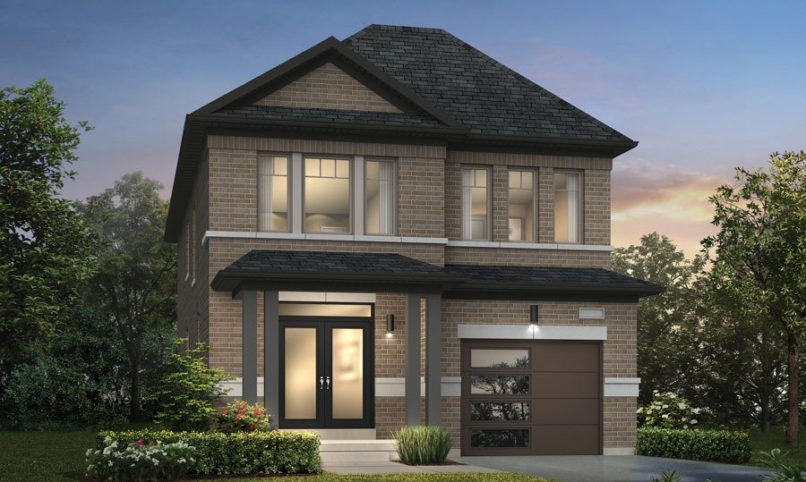 Modern 2-storey detached home with brick façade and flat-panel garage door