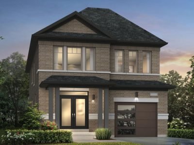 Modern 2-storey detached home with brick façade and flat-panel garage door