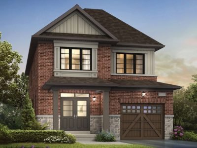 Red-brick detached home with craftsman-style gable and wood-trim garage