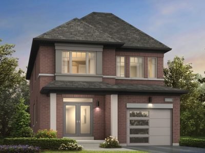 Modern home with flush garage door and neutral brick tones