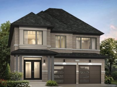 Modern detached home with beige brick, black trim, and double garage