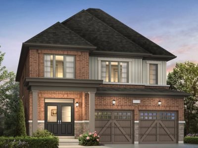Detached home with mixed-materials façade and board-and-batten upper level