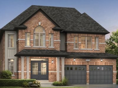 Stone and brick detached home with arched stonework and metal-accented garage